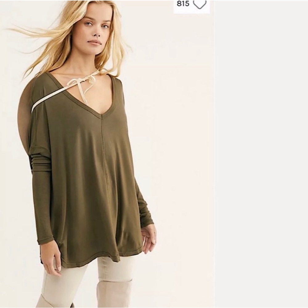 Free People Moonshine Tunic Top Women Army Green Raw Edge Flowy V-Neck